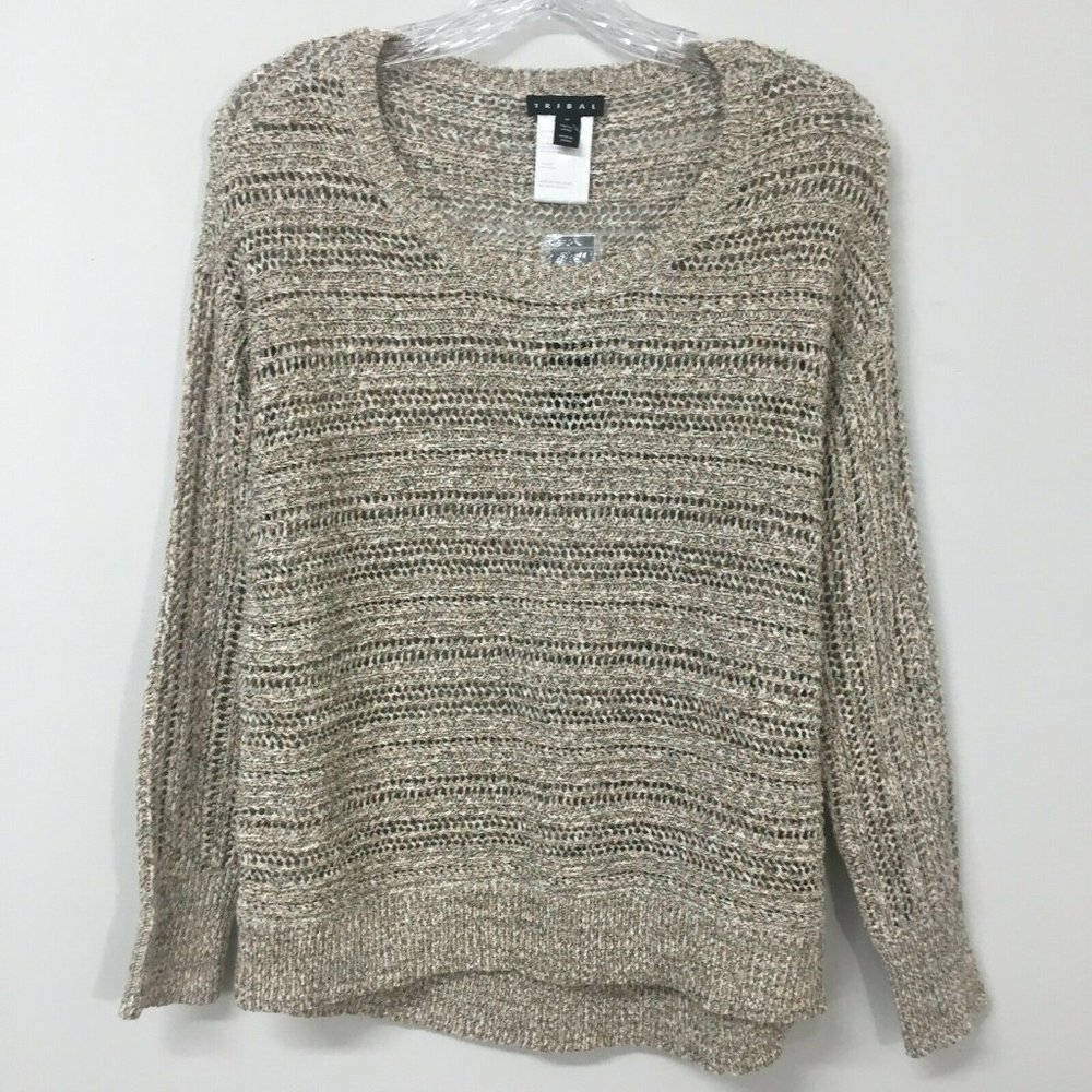 Tribal Sweater Size M Beige Brown Long Sleeve Pullover Crew Neck Open Weave New